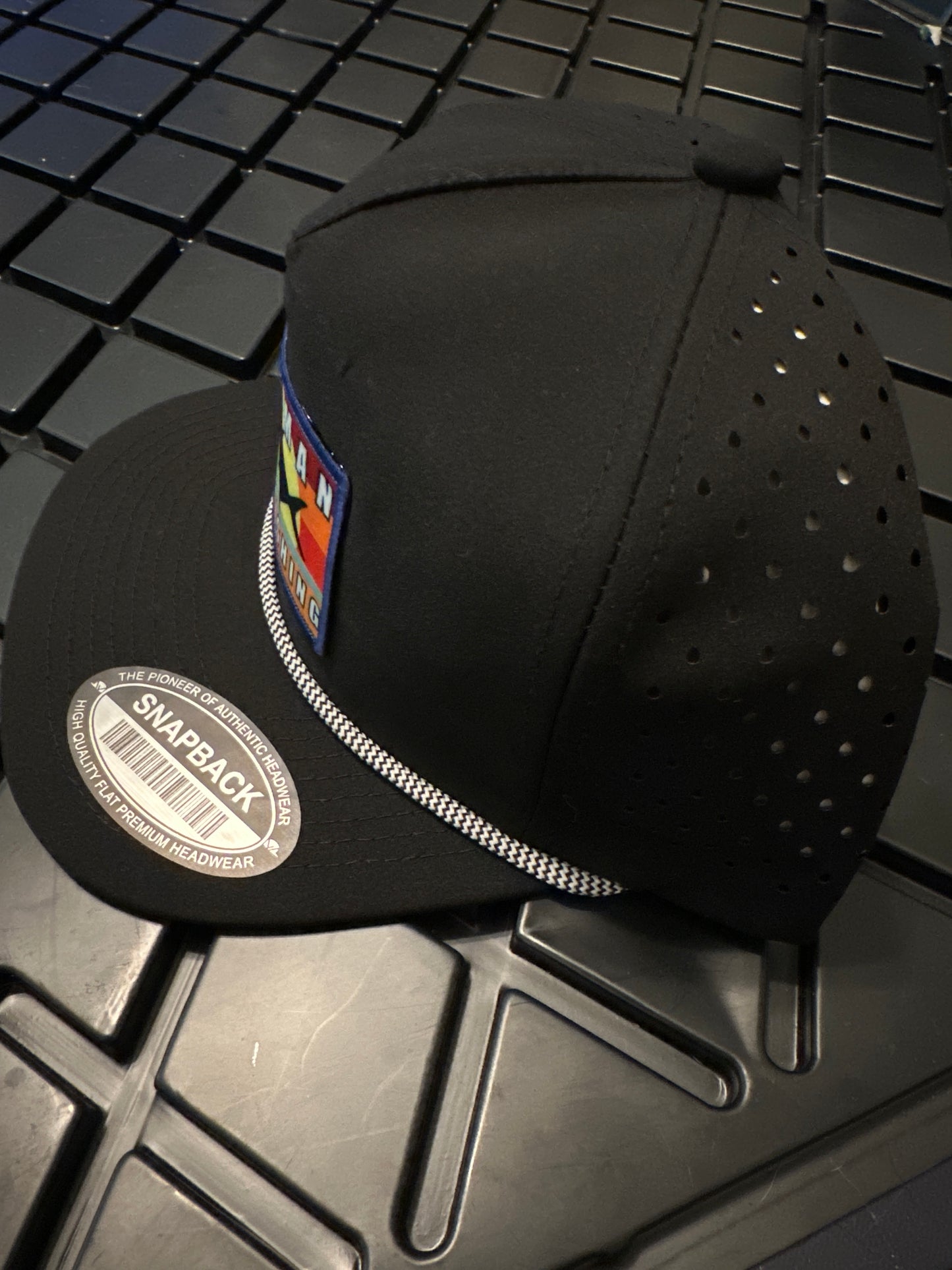 Black SnapBack Pompano Patch hat with rope