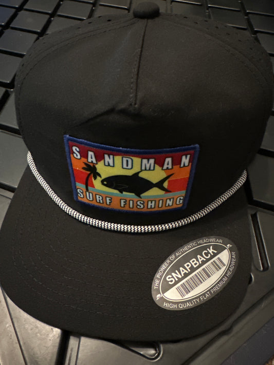Black SnapBack Pompano Patch hat with rope